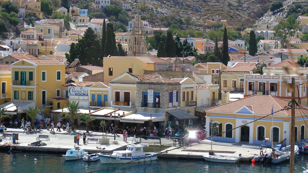 crowded beachfront businesses on Symi Island