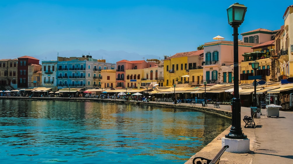 colorful residential and business establishments at the waterfront in Greece 