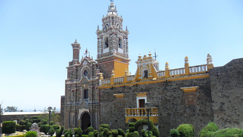 View of grey brick cathedral in Puebla