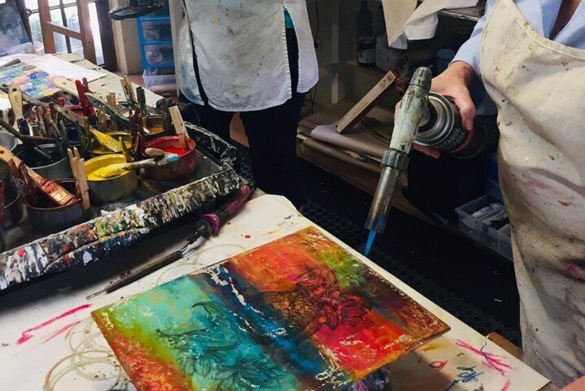 Using the propane torch to fuse the encaustic layers
