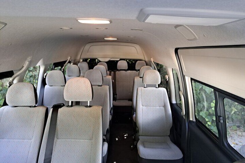 Inside of the tour bus