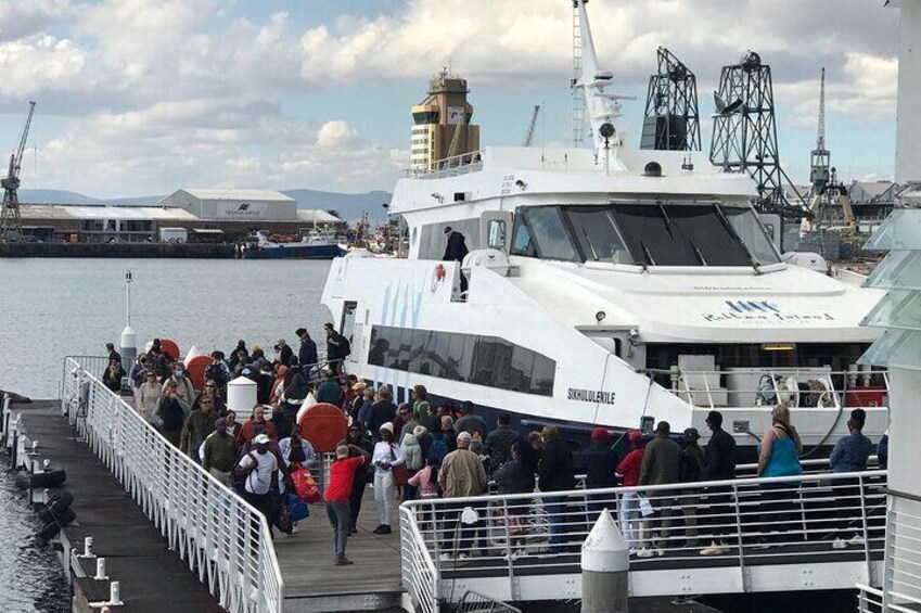 Boading the Robben Island Ferry. 