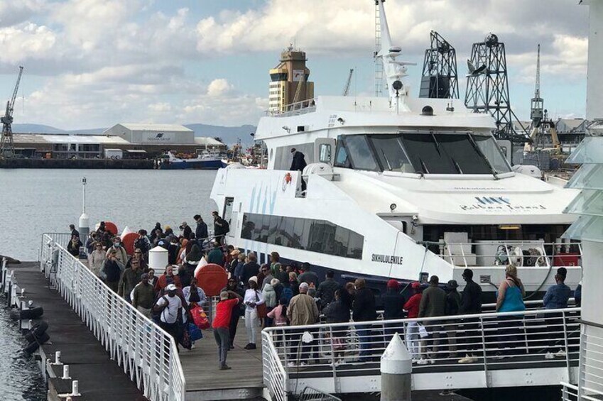 Boading the Robben Island Ferry.
