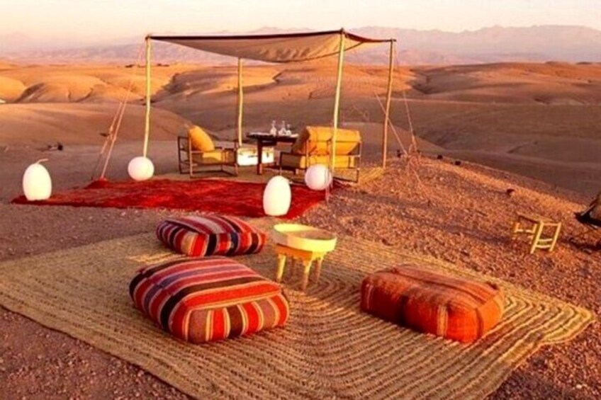 Magical dinner & Sunset in Marrakech Desert Agafay with Camel ride