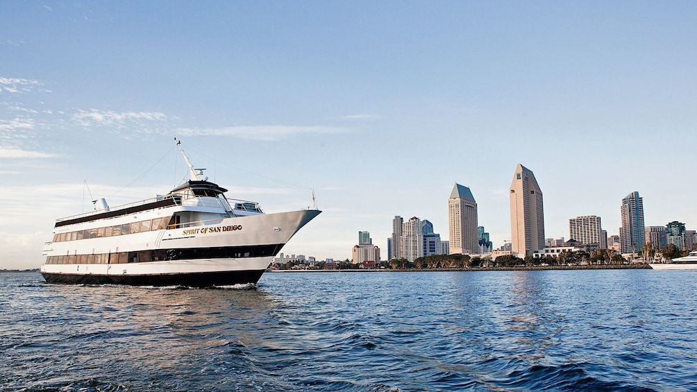 Ship with city view on cruise in San Diego California