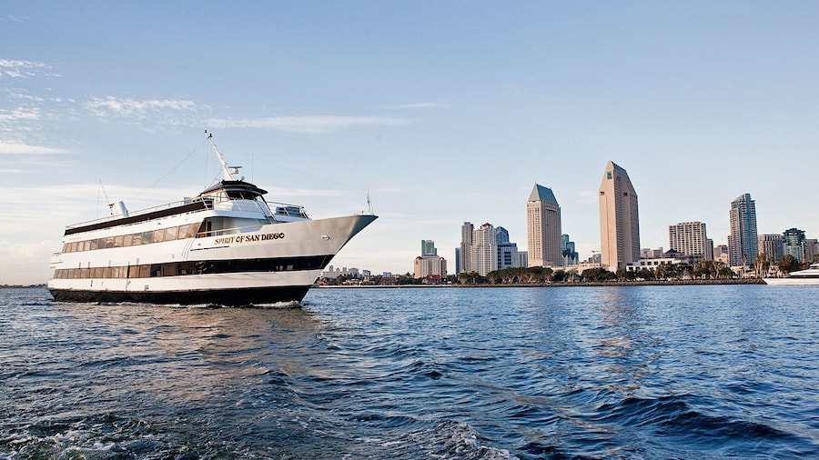 Ship with city view on cruise in San Diego California