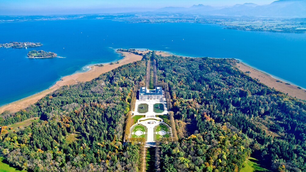 aerial view of the Herrenchiemsee Castle estate and surroundings in Germany