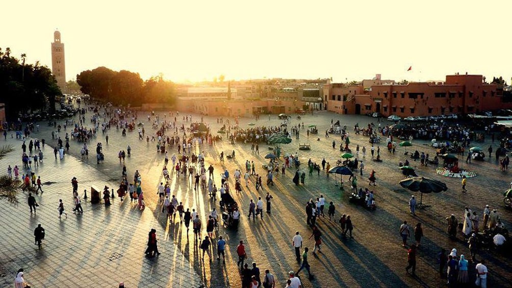 Spectacular sunset look over the central Jemaa el Fna Sqaure in Marrakech 