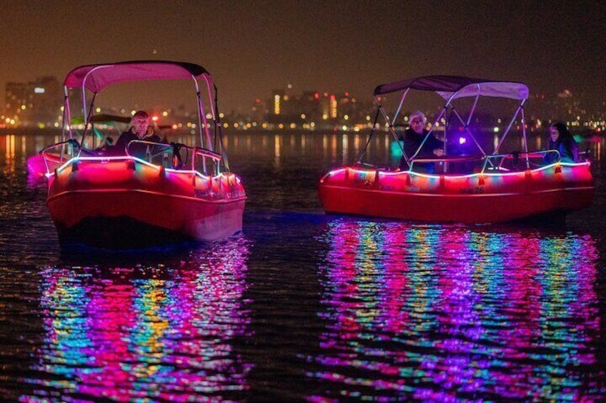 We are happy to introduce you to the 60-minute Glow Boat Experience on Electric boats, a romantic night date idea in San Diego Bay!

The boat illuminates 360 degrees outside, and it is a lot of fun!