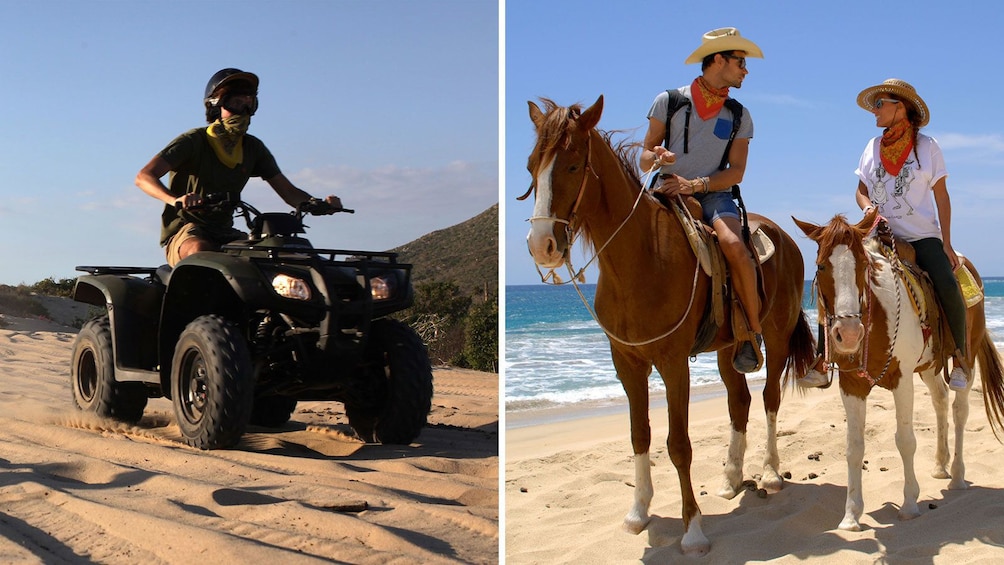 combo image of horseback and ATV riders