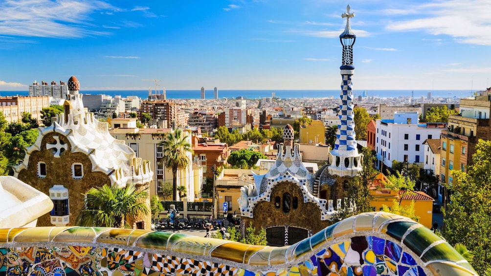 View from mosaic terrace of Park Guell in Barcelona