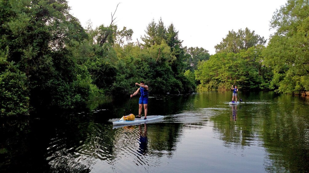 man paddleboarding with a waterproof bag in Toronto