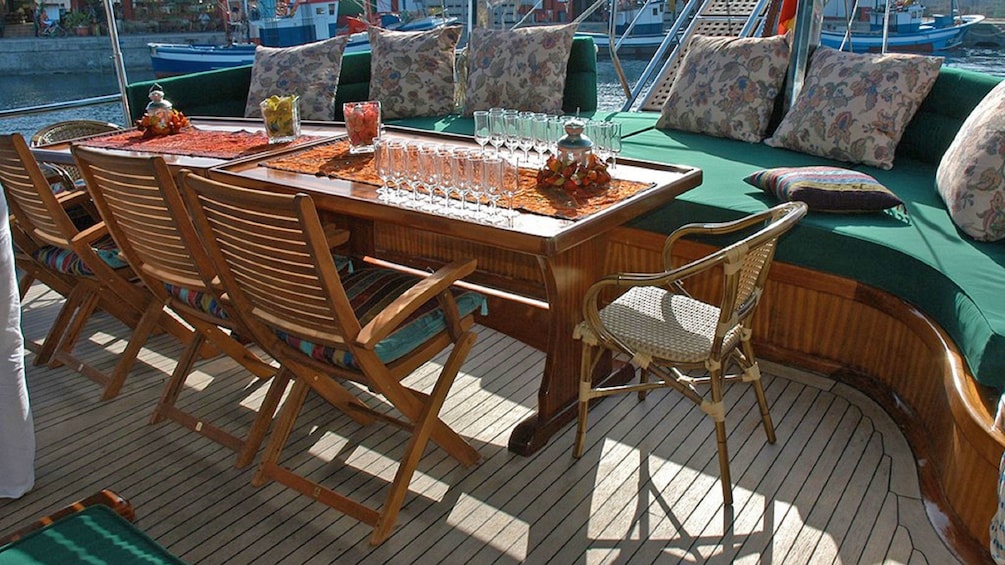 Dining table aboard a boat on the coast of Fuerteventura 