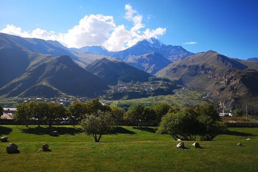 View to Gergeti Church and Kazbegi Mountain