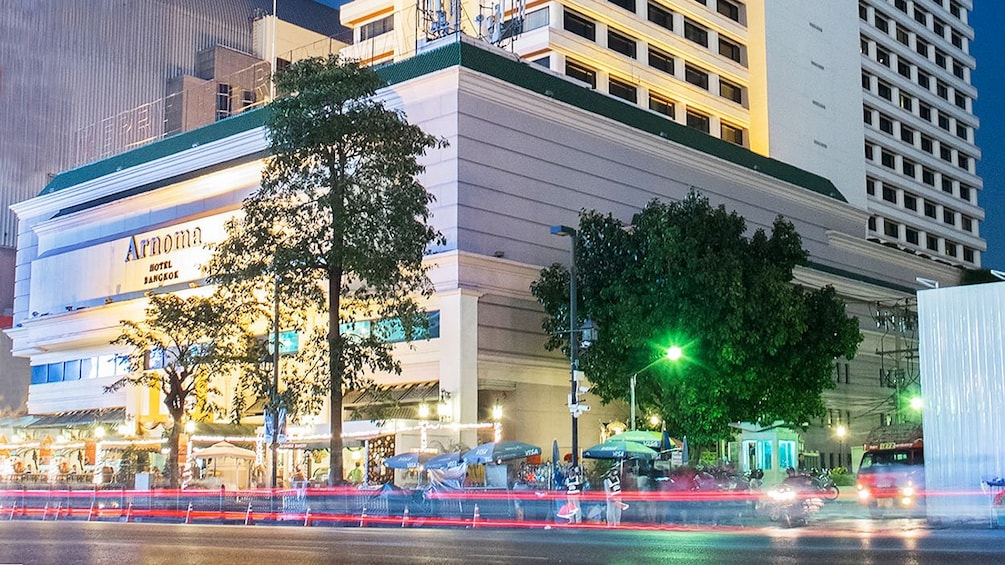 front of hotel at night in bangkok