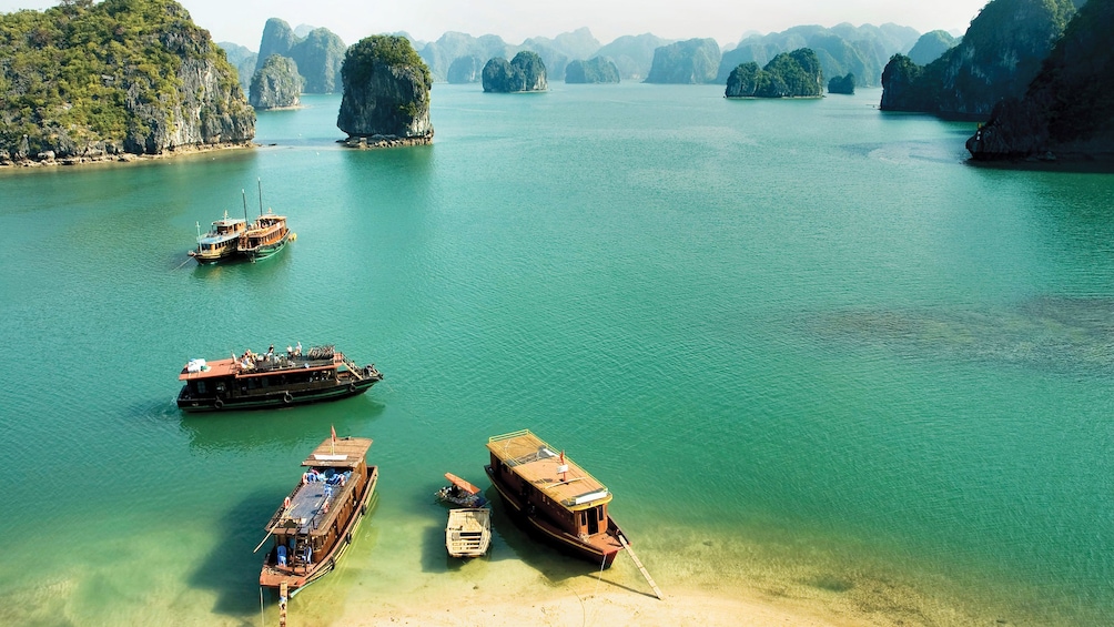 Double-decker tour boats in Ha Long Bay