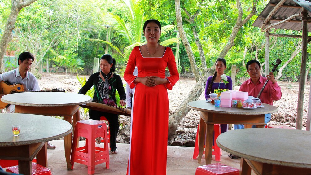 Vietnamese folk musicians in a village in Mekong