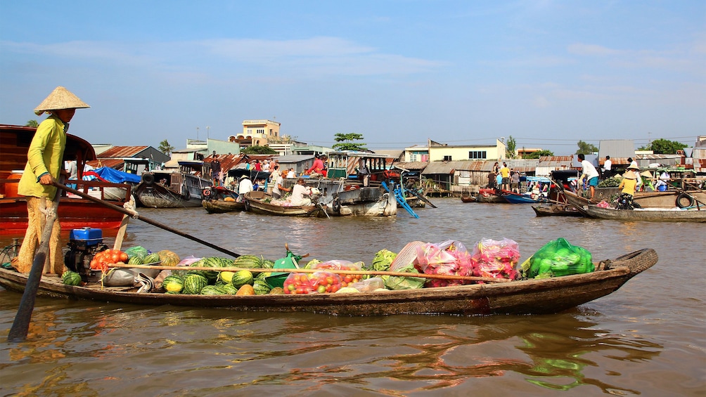Boat laden with fresh fruit at the floating market in the Mekong Delta