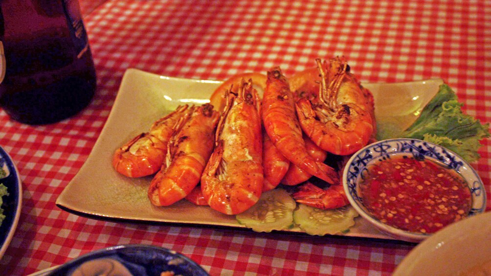 shrimp dish at on a cruise boat in Cambodia