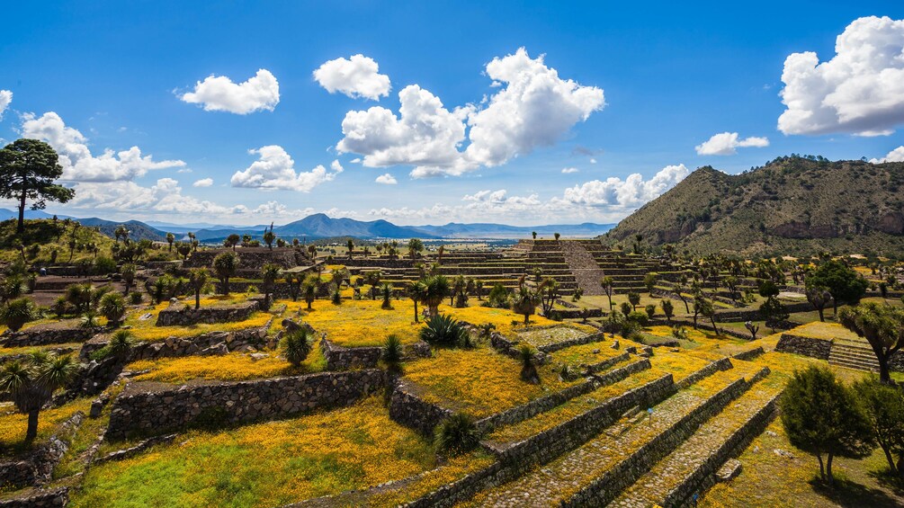 Landscape view featuring the Great Pyramid of Cholula and surrounding area.