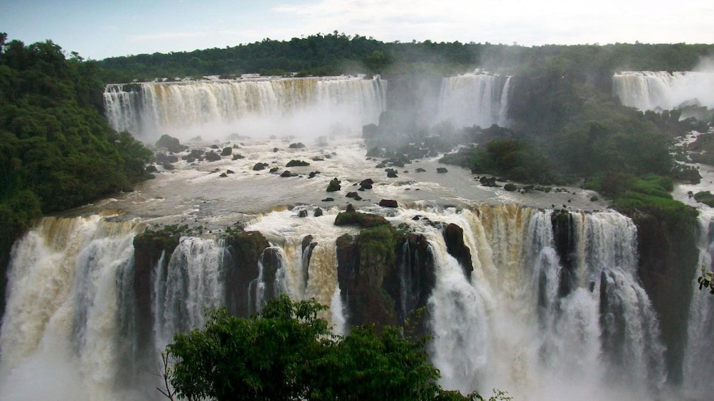 helicopter view of the waterfall from above in Brazil