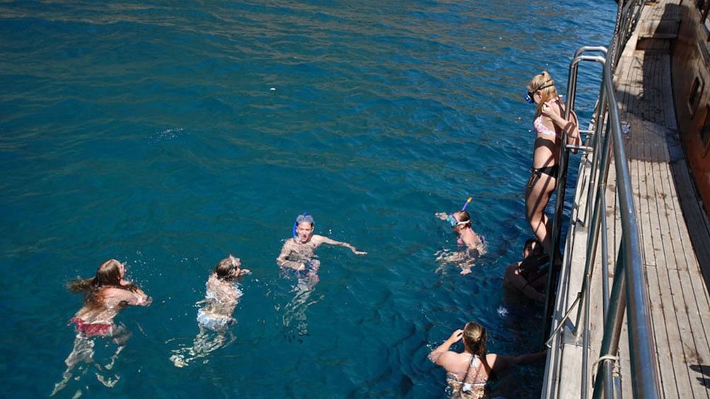 People swimming alongside a tour boat in Madeira