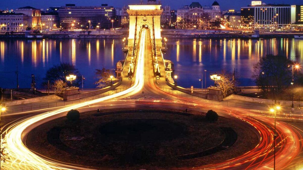 City traffic lights illuminate the streets of Budapest at night
