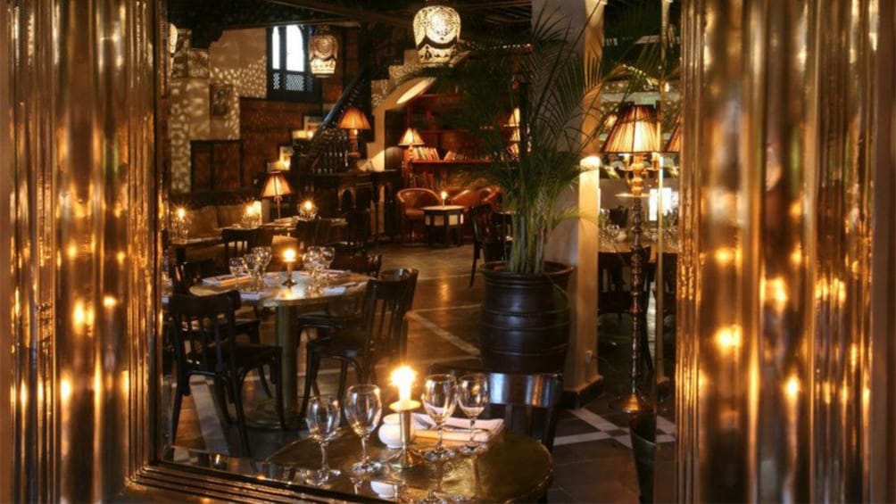 Tables set at Le Salama restaurant overlooking Jemaa el-Fnaa square