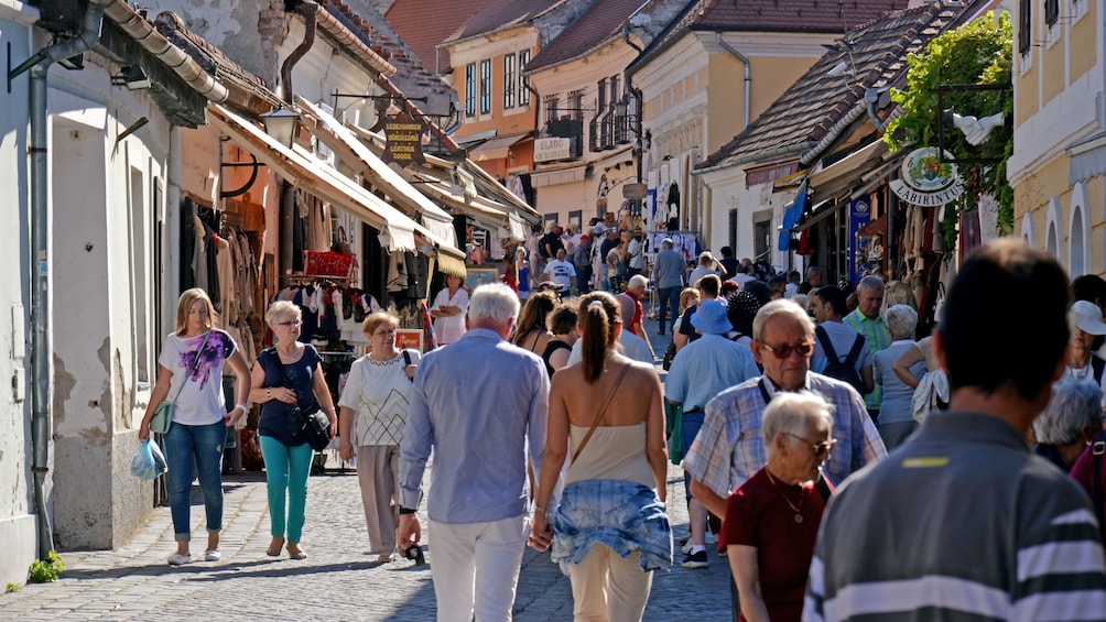 people walking down a bustling street in hungary