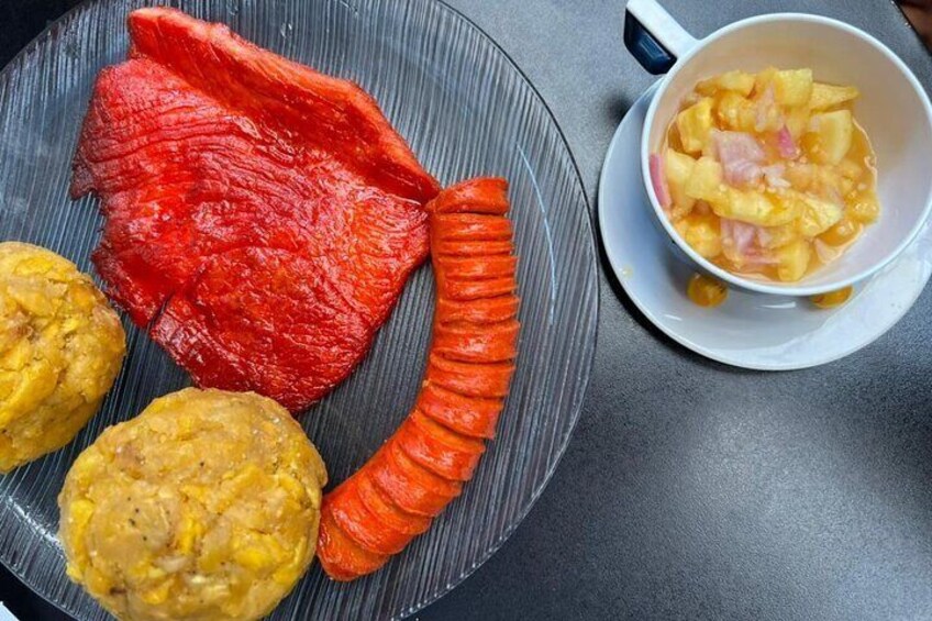 Amazonian Boar pig sausage and plantain balls