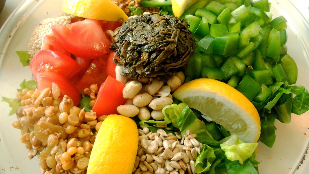 Vegetables, fruit, and grain on a plate
