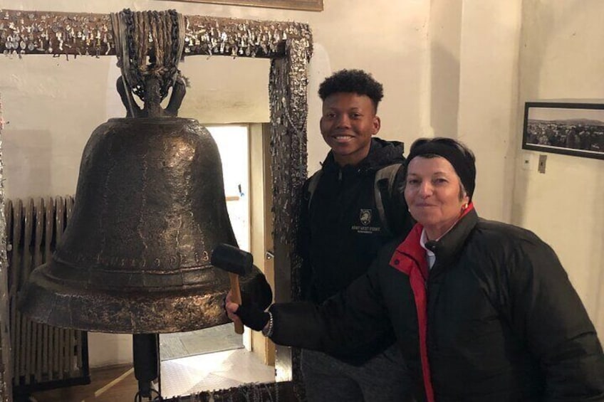 With Tyler and the bell at the San Miguel Mission Church. 