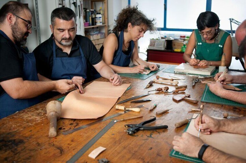 Leathercraft workshop in the Rastro of Madrid.