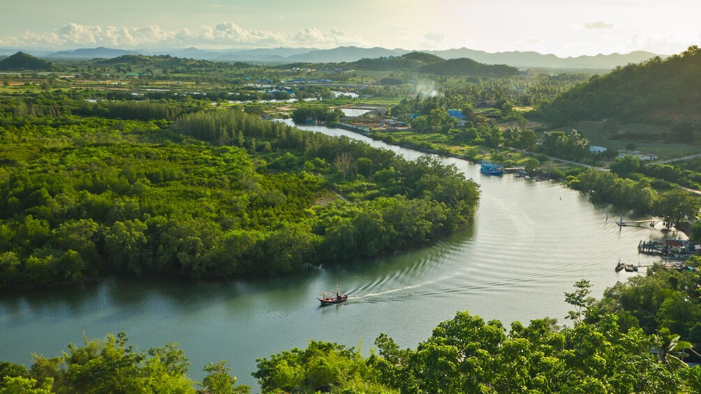Panoramic view of the Pranburi river and surrounding forests in Thailand