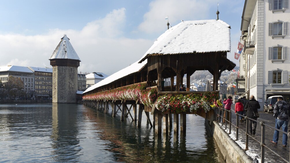 Covered bridge in winter in Lucerne