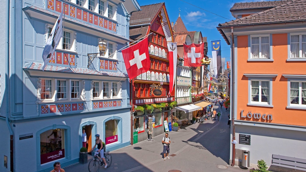 Swiss flag on the sides of buildings in Zurich