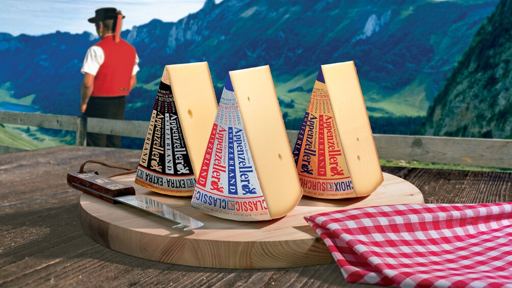 Cheese plate with the Swiss Alps in the background in Zurich