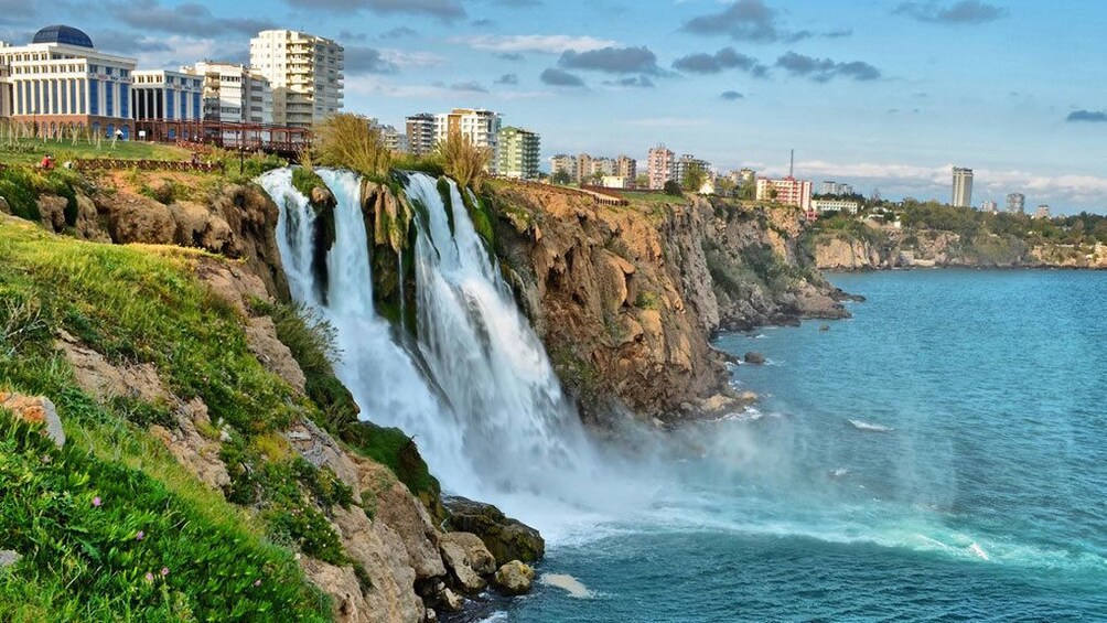 waterfalls pouring into the sea off the coast of Antalya