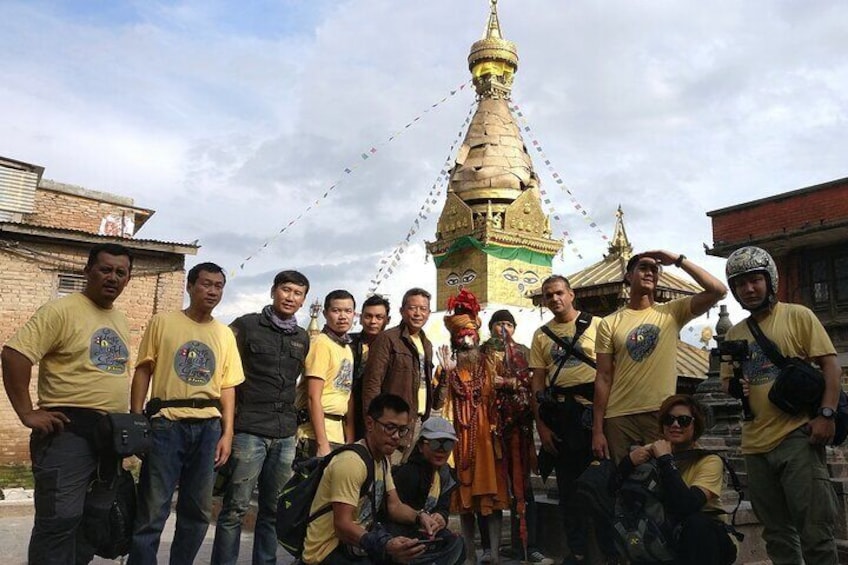Our group at Swoyambhu Temple during Nepal motorcycle tour