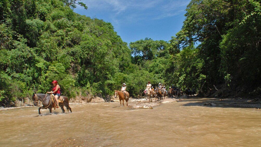 Show item 1 of 9. Horseback riding group crossing a river in Puerto Vallarta