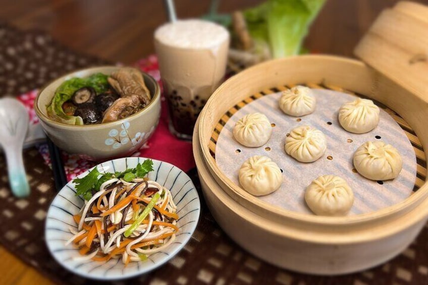Taiwan Traditional Delicacies Experience, Xiao Long Bao, Chicken vermicelli with mushroom and sesame oil, Tofu strips salad, Bubble milk tea.