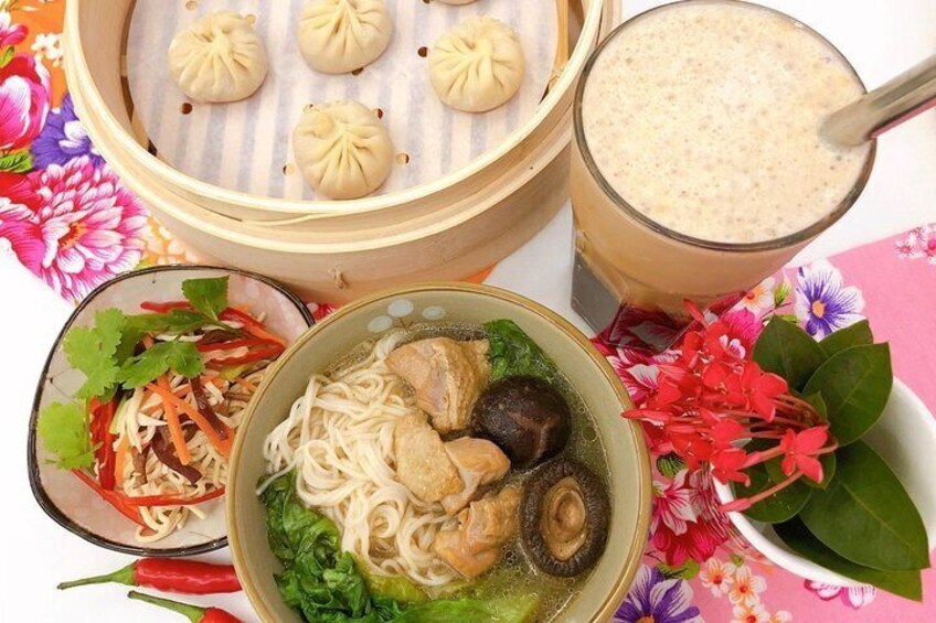 Taiwan Traditional Delicacies Experience, Xiao Long Bao, Chicken vermicelli with mushroom and sesame oil, Tofu strips salad, Bubble milk tea.