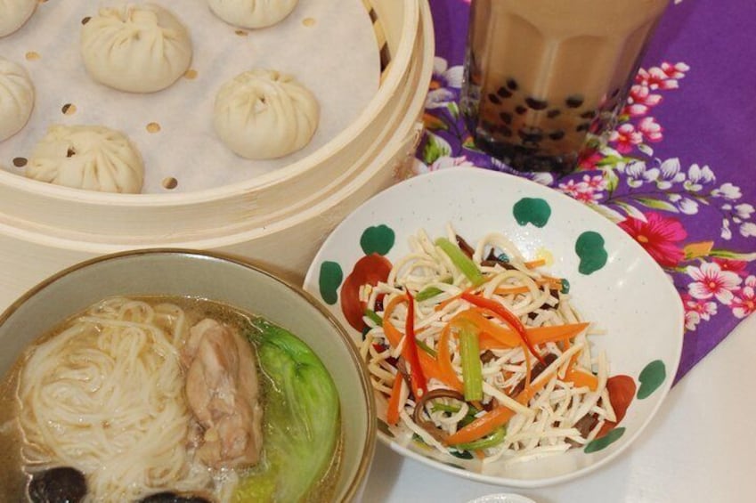 Taiwan Traditional Delicacies Experience, Xiao Long Bao, Chicken vermicelli with mushroom and sesame oil, Tofu strips salad, Bubble milk tea.