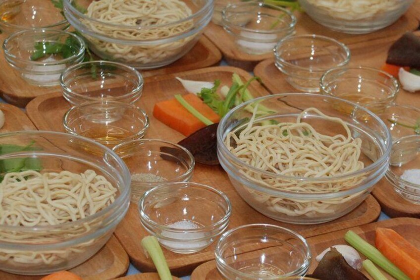 Taiwan Traditional Delicacies Experience, Xiao Long Bao, Chicken vermicelli with mushroom and sesame oil, Tofu strips salad, Bubble milk tea.