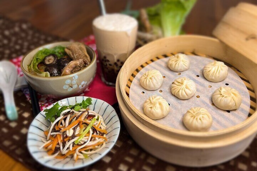 Taiwan Traditional Delicacies Experience, Xiao Long Bao, Chicken vermicelli with mushroom and sesame oil, Tofu strips salad, Bubble milk tea.