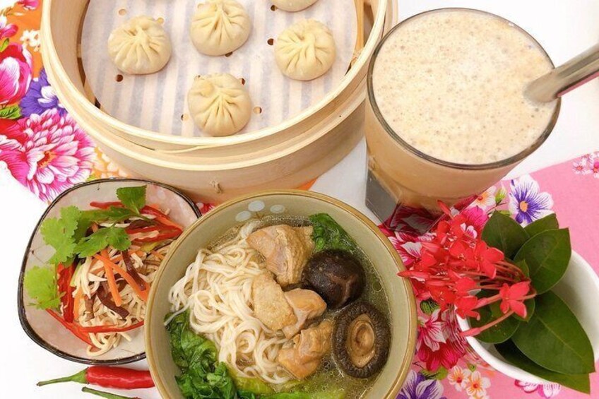 Taiwan Traditional Delicacies Experience, Xiao Long Bao, Chicken vermicelli with mushroom and sesame oil, Tofu strips salad, Bubble milk tea.