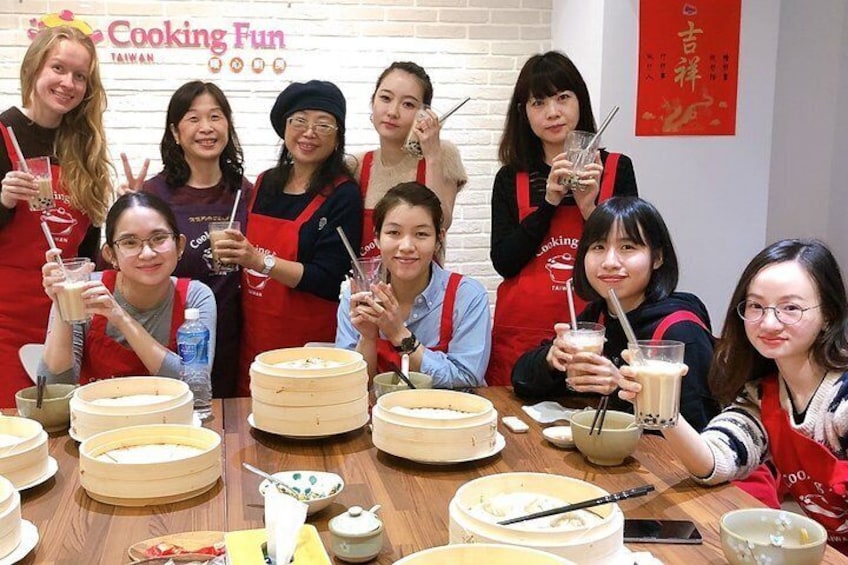 Taiwan Traditional Delicacies Experience, Xiao Long Bao, Chicken vermicelli with mushroom and sesame oil, Tofu strips salad, Bubble milk tea.