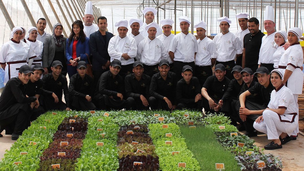 Pure Passion staff in the restaurant's greenhouse with produce in Agadir