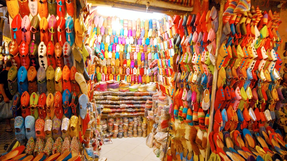 Colorful handmade shoes at a market in Marrakech