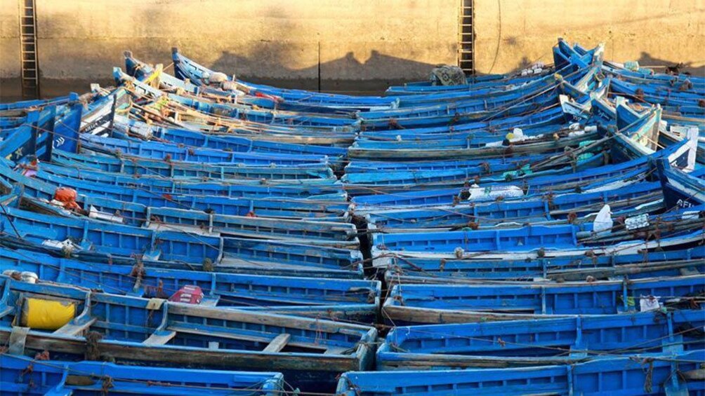 Rows of blue wooden boats in Essaouira